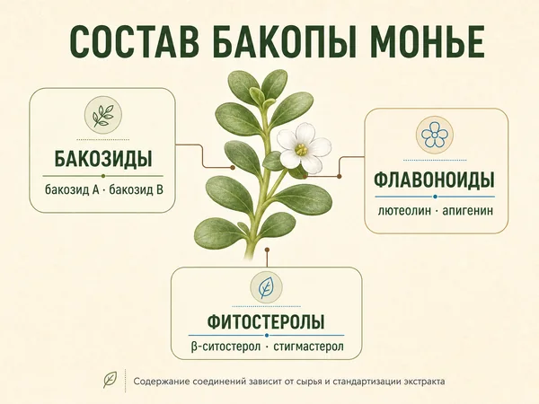 Состав бакопы монье: бакозиды, флавоноиды и фитостеролы
